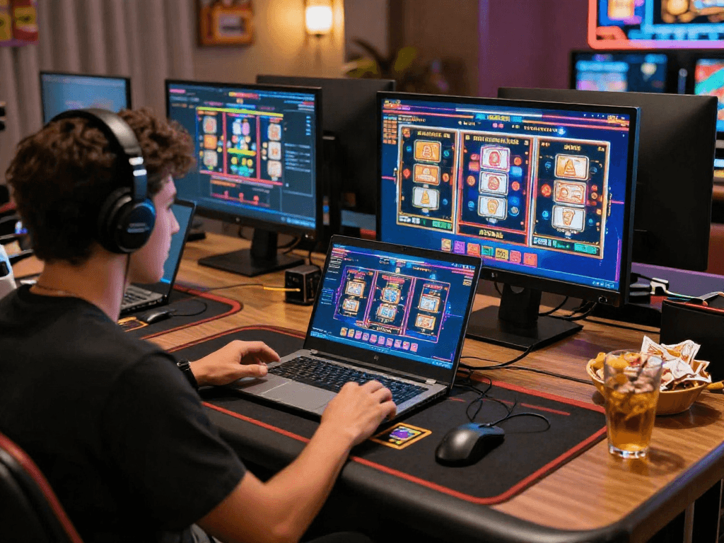 Un joueur enthousiaste sur un casino en ligne français, profitant d'une expérience de jeu immersive avec des lumières d'ambiance.