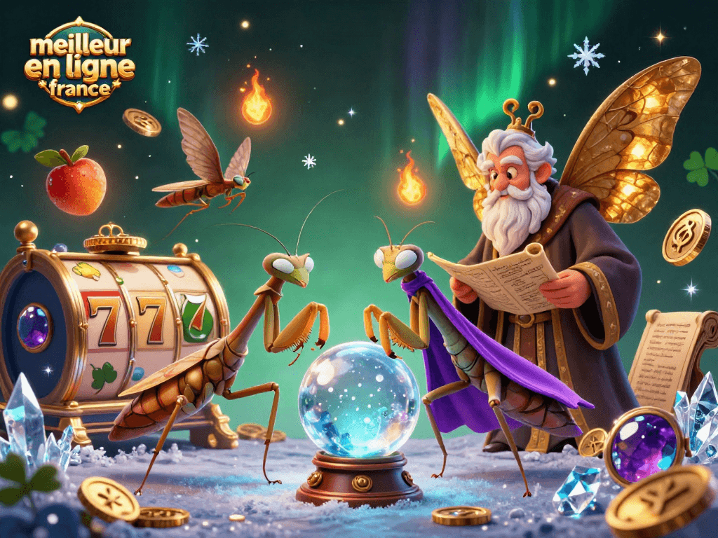 Profitez du meilleur casino en ligne en France avec cette scène magique illustrant un chaman et des éléments de jeu.