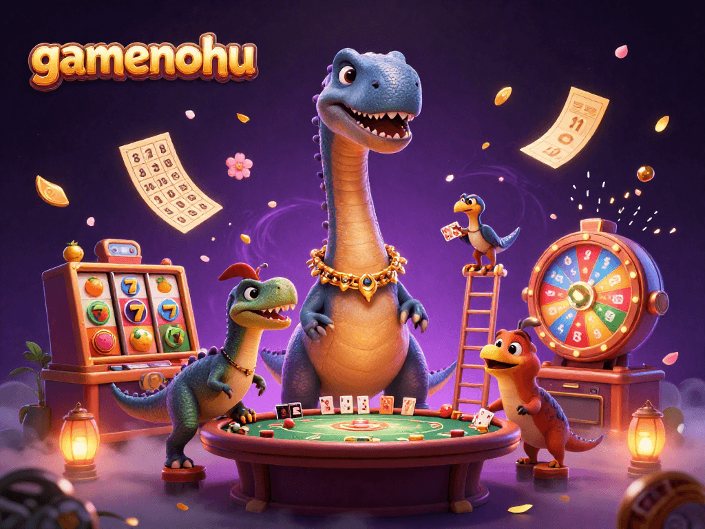 Engage with gamenohu and experience the thrill of interactive jackpot games in an animated casino scene.