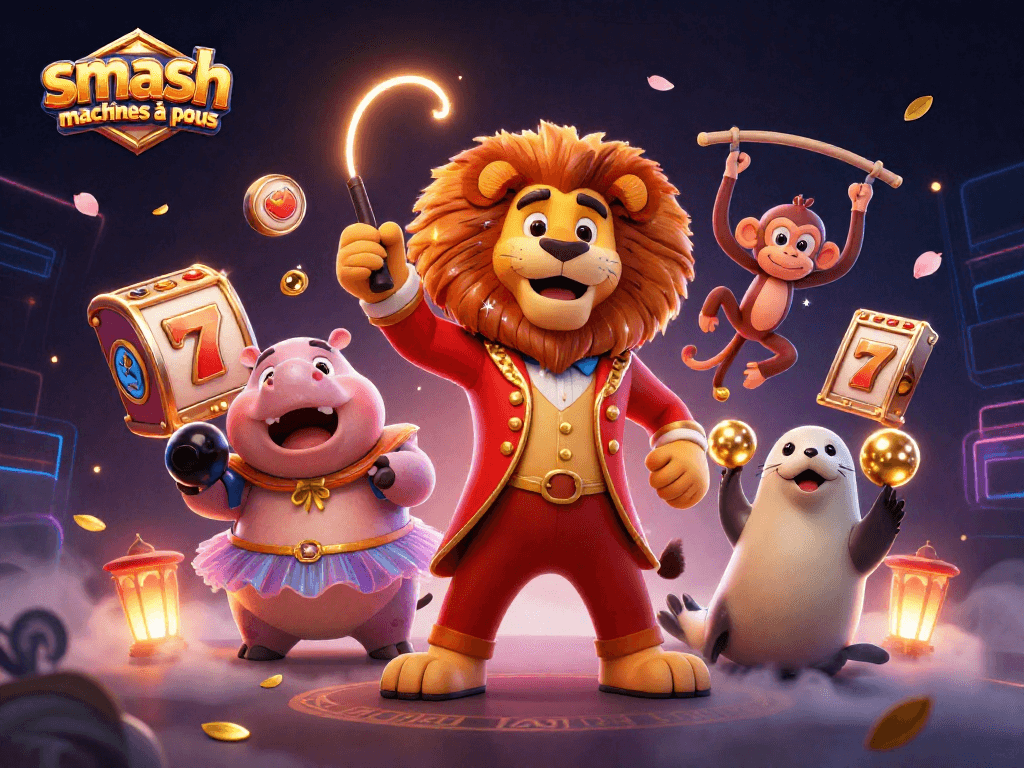 Jouez avec les machines à sous Smash Casino, explorez les symboles et jackpots dans une illustration dynamique.