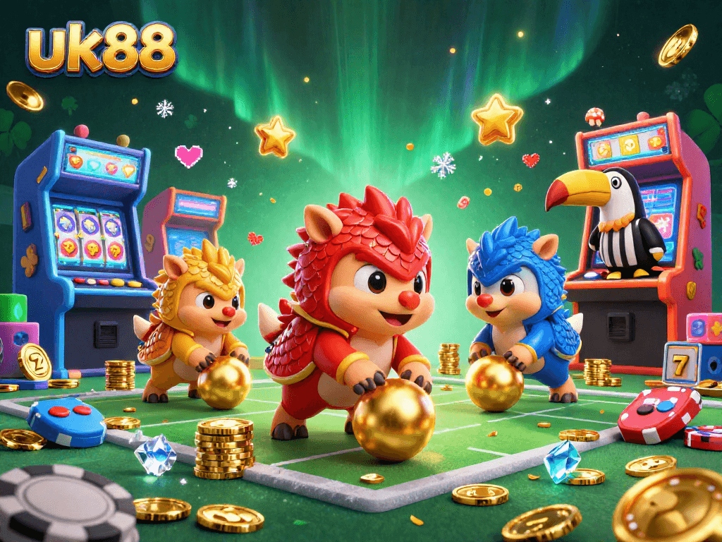 Engage in uk88's vibrant 3D casino adventure with pangolins, jackpot elements, and colorful arcade machines.