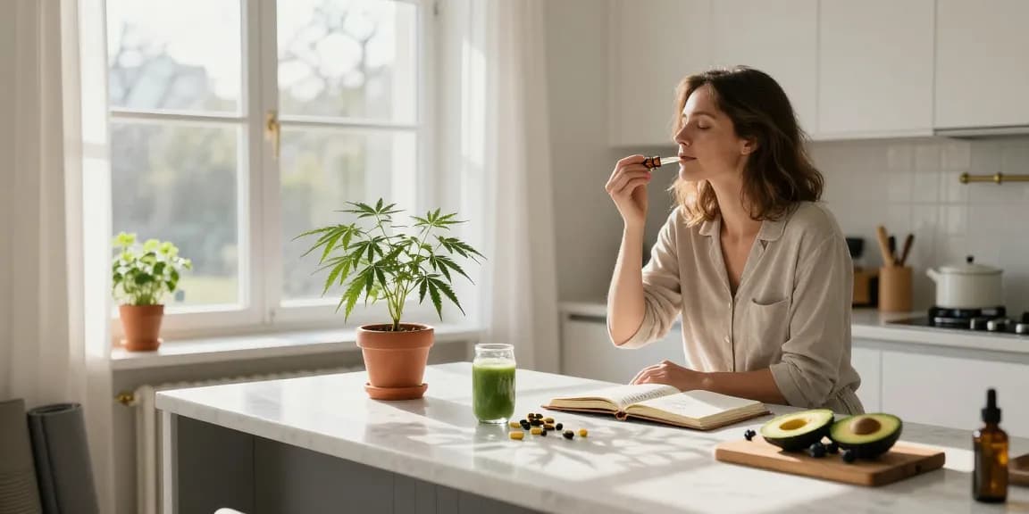 Routine de bien-être matinée avec CBD : huile sous la langue et plantes naturelles pour un casino en ligne sans wager.