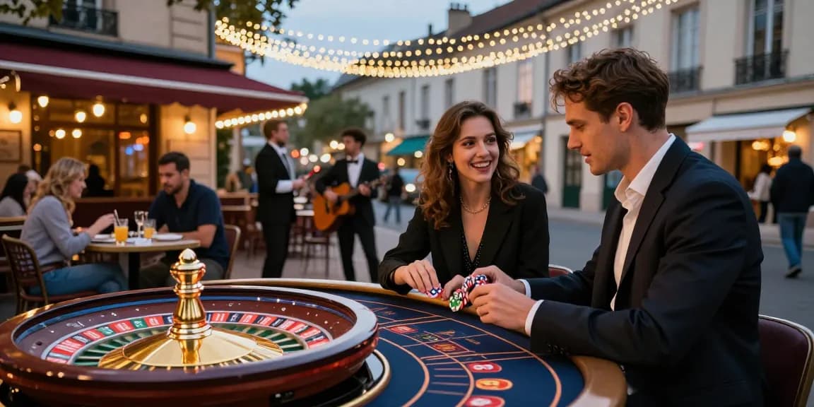 Un couple jouant au meilleur casino en ligne France sous des lumières scintillantes, ambiance festive.