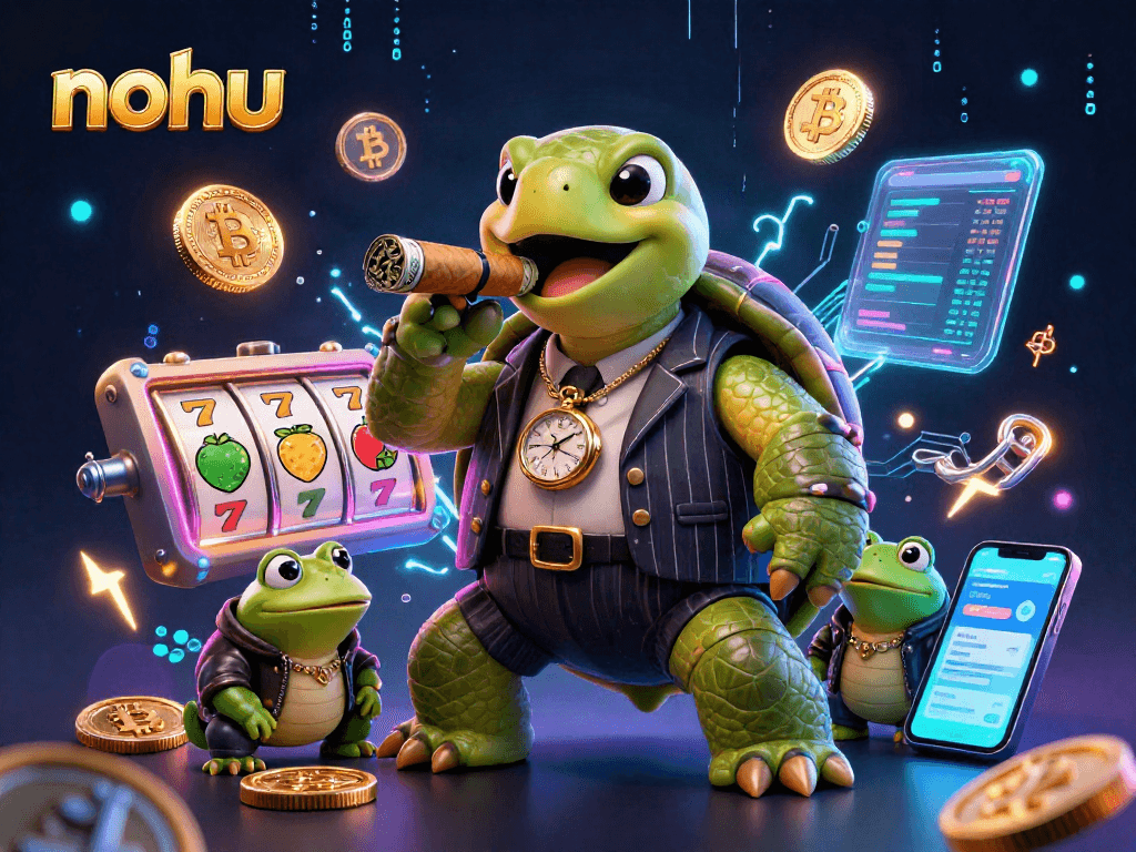 Nohu energizes gaming with a bold cartoon mobster turtle, slot reels, and vibrant crypto elements.