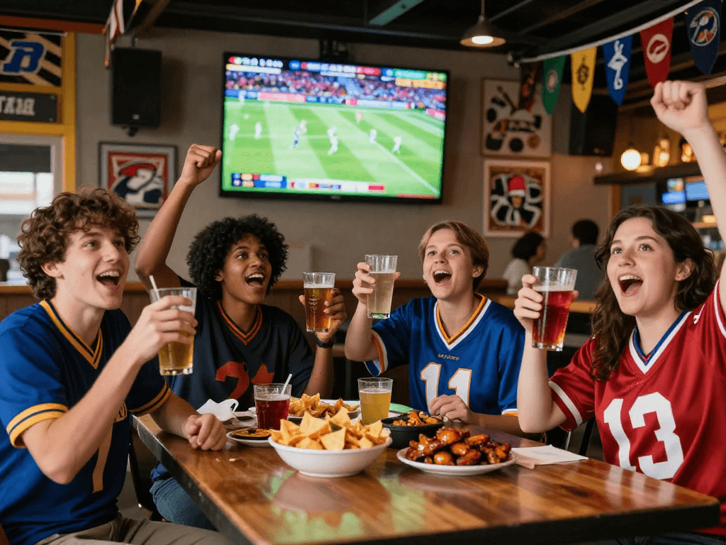 Les meilleurs sites de paris sportifs réunissent des amis dans un bar dynamique, regardant un événement sportif en direct.