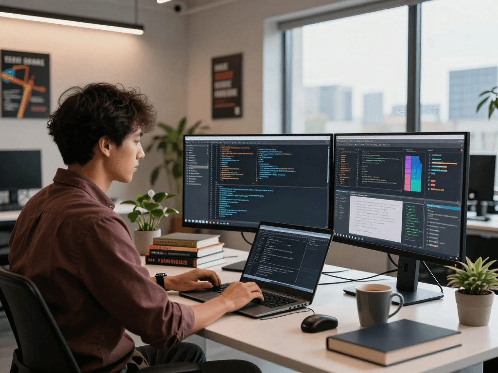Développeur travaillant à son bureau, affichant le logiciel Atlas pro, entouré de technologie moderne et d'une atmosphère inspirante.