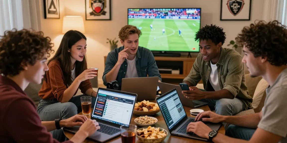 Groupe d'amis discutant des meilleurs sites de paris sportifs dans un salon convivial.