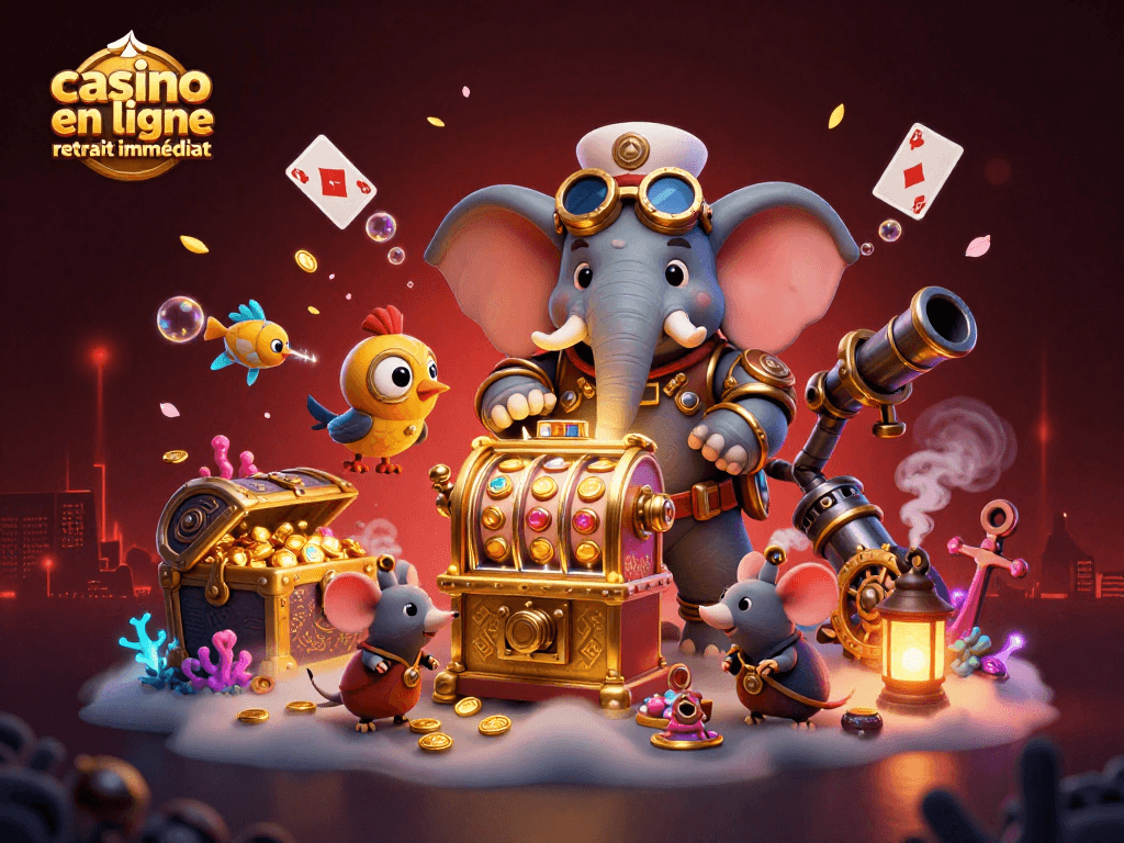 Jouez au casino en ligne retrait immédiat avec une machine à sous animée par un ingénieur éléphant steampunk.