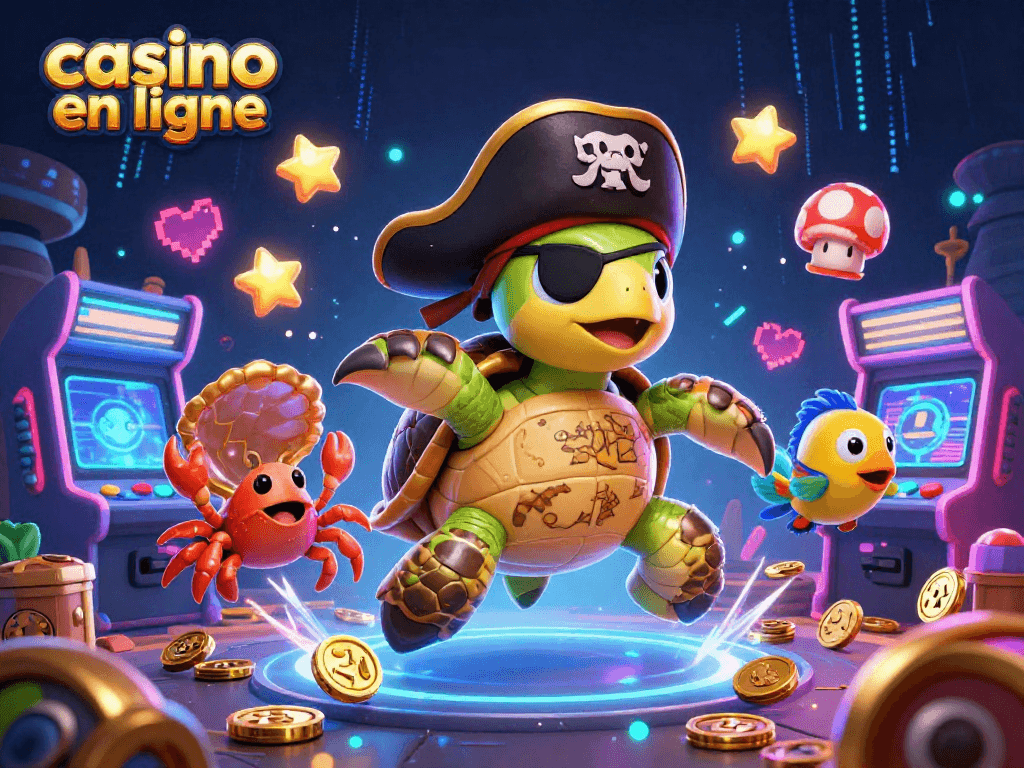 Le jeu dans un casino en ligne, rencontres amusantes entre une tortue pirate et un crabe sur une carte au trésor.