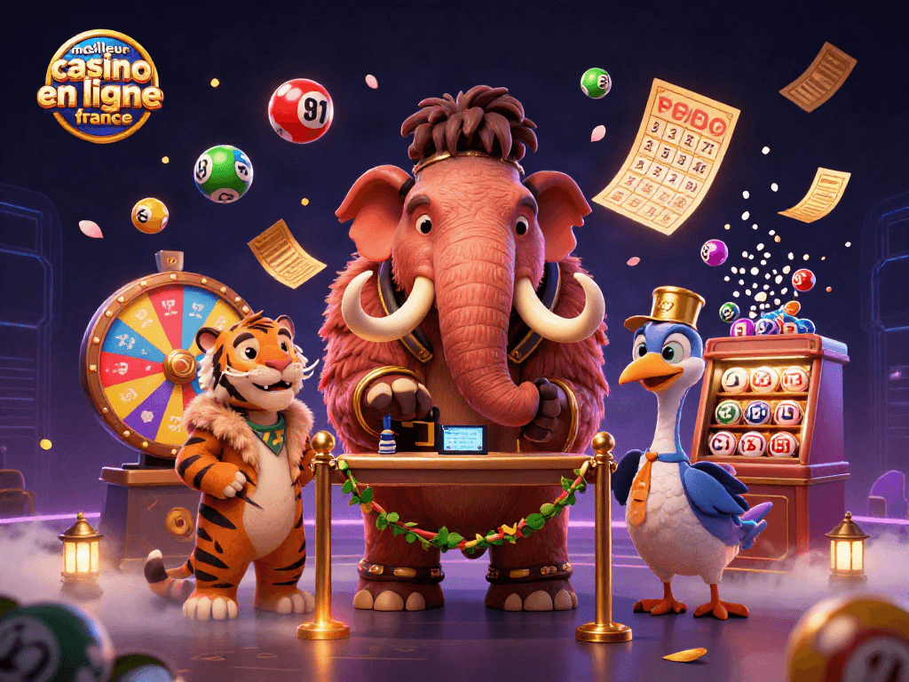 Visualisez le meilleur casino en ligne France avec des personnages animés dans une scène dynamique de jeu.