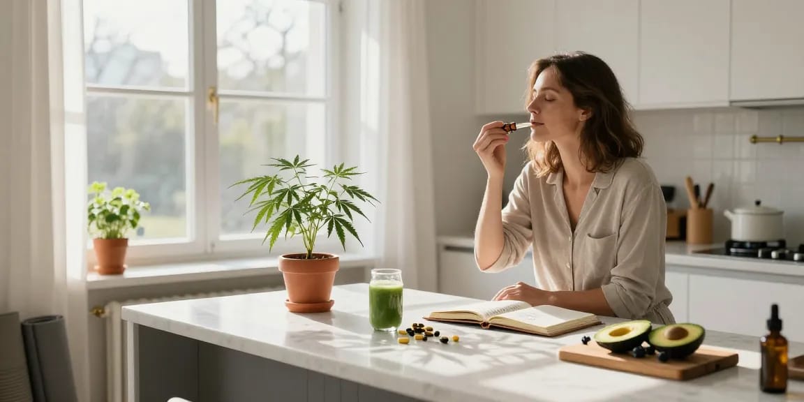 Routine de bien-être matinée avec CBD : huile sous la langue et plantes naturelles pour un casino en ligne sans wager.