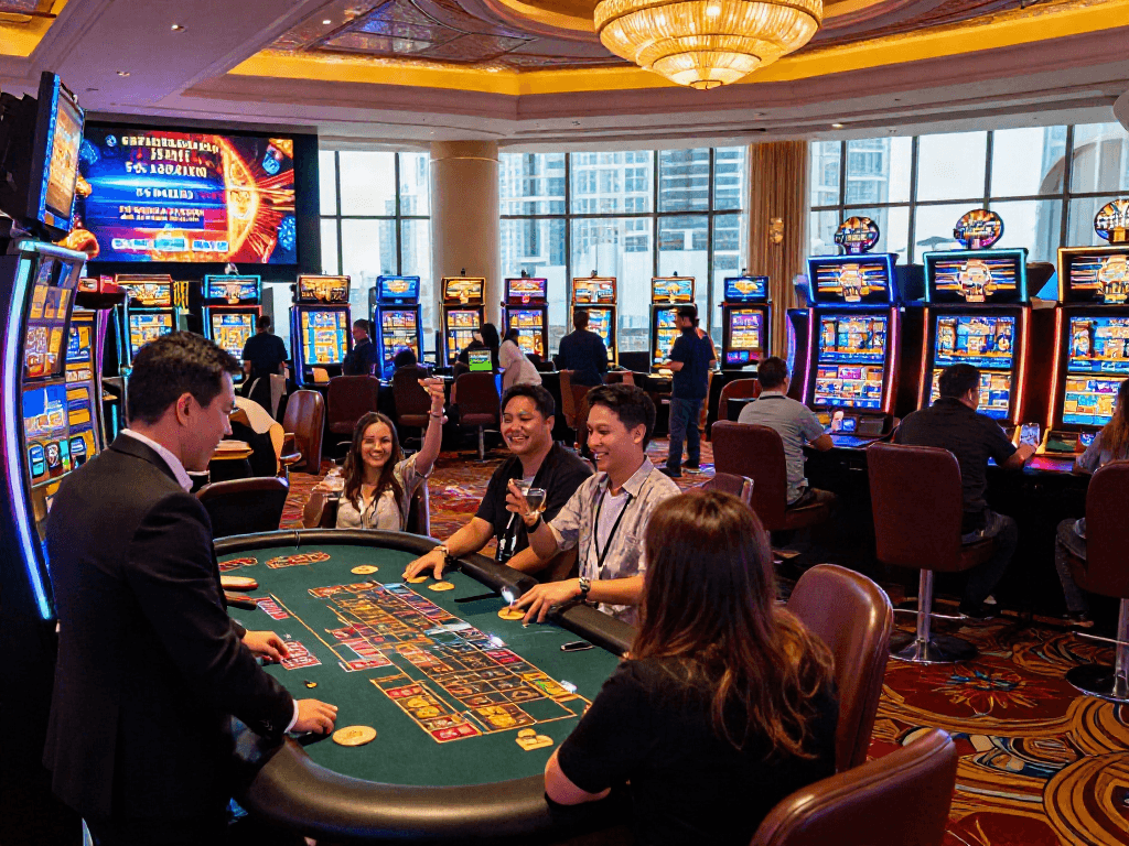 Atmosphère de casino français en ligne pleine d'excitation avec joueurs heureux.