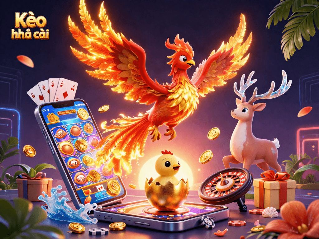 Kèo nhà cái showcases a fiery phoenix soaring over a vibrant casino scene filled with games.