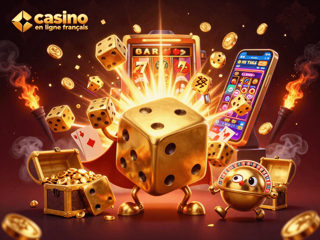 Profitez d'une expérience immersive dans un casino en ligne français avec des dés dorés et des jackpots éclatants.
