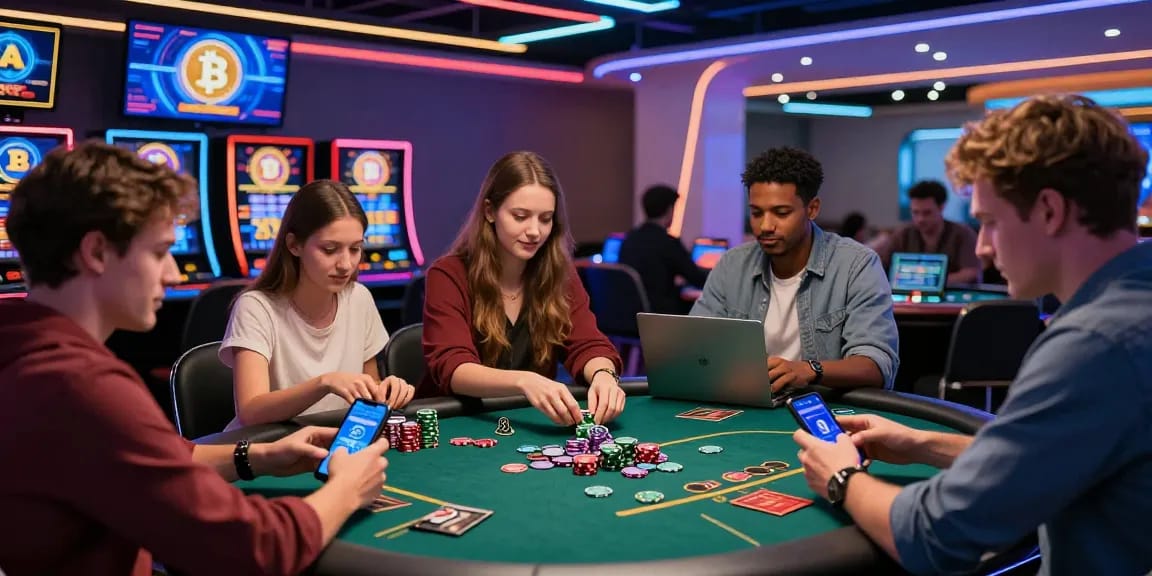 Casino français crypto où des joueurs interagissent avec des machines à sous et des jeux de poker en ligne, illustrant l'excitation des paris en cryptomonnaie.