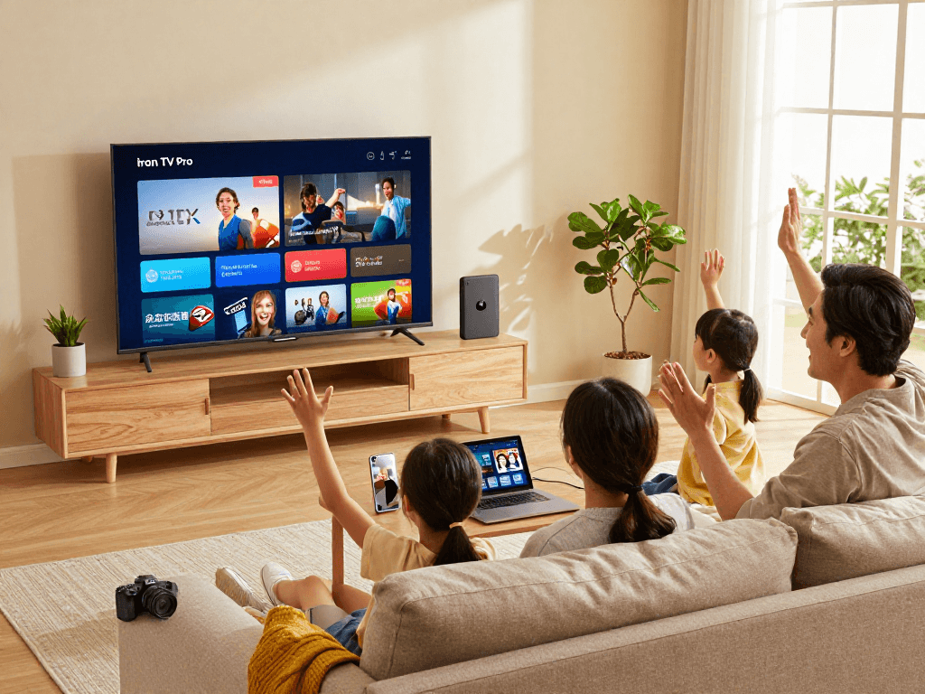 Une famille profitant d'une soirée de streaming avec Iron TV Pro sur un téléviseur HD.