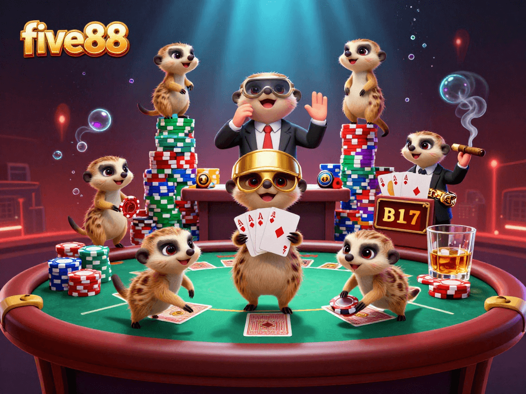 Experience the excitement of five88 with meerkats running a lively casino filled with poker games and vibrant colors.