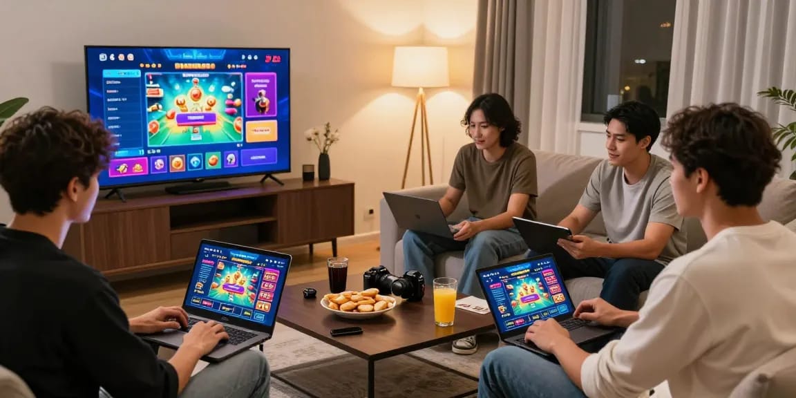 Scène de jeu agréable avec des amis jouant à un casino en ligne sans wager dans un environnement moderne