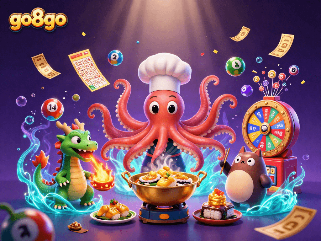Experience the excitement of go8go with vibrant lottery elements and a dynamic casino scene.