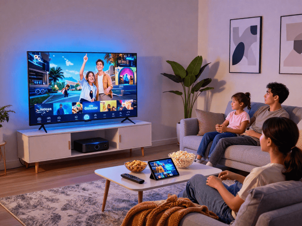 Creating a cozy movie night experience with Iron tv pro, enjoying vibrant visuals with family in a stylish living room.
