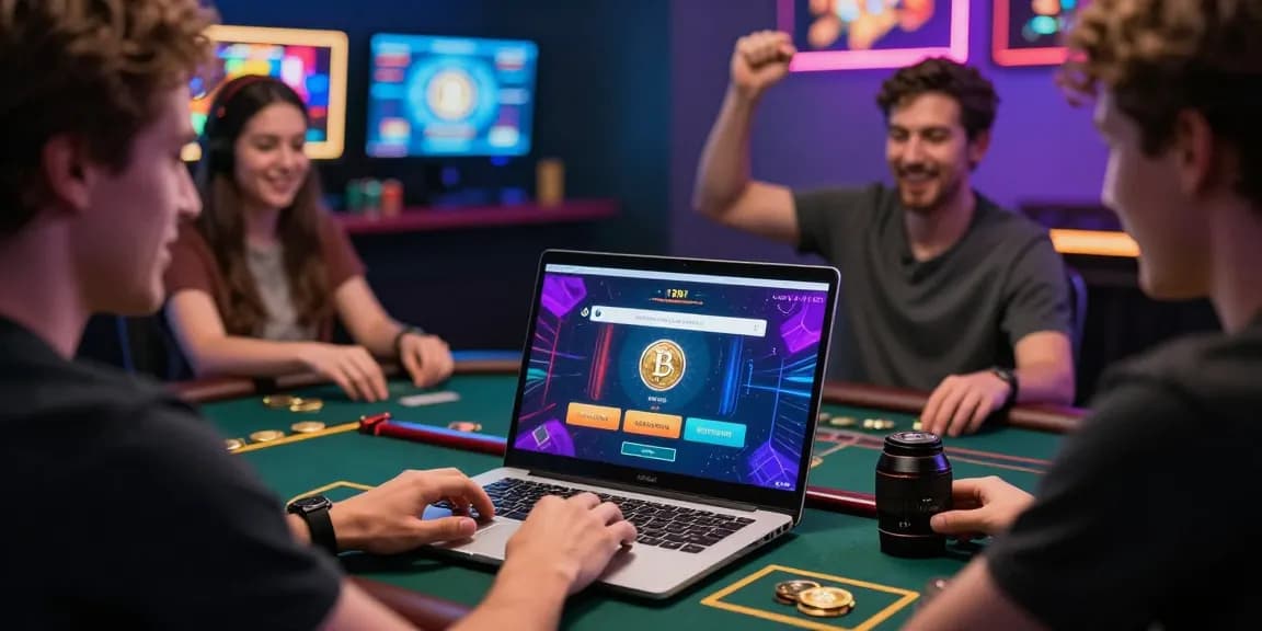 Retrait crypto casino rapide avec des joueurs célébrant leurs gains dans un environnement de jeu en ligne.