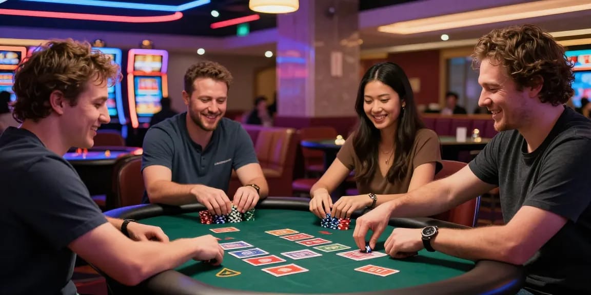 Ambiance moderne de casino crypto sans KYC 2026 avec lumières vives et joueurs heureux.