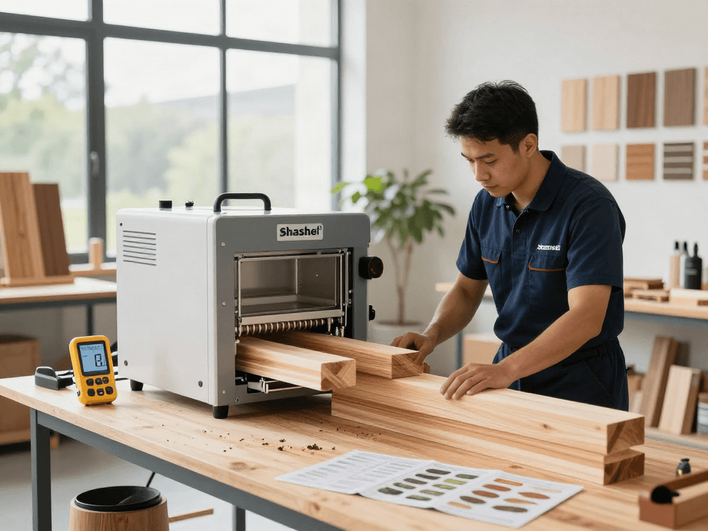 Traitement du bois avec Shashel® dans un atelier, un technicien utilise un appareil en sécurité.