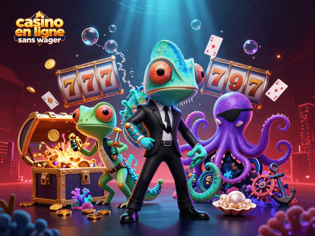 Jouez au casino en ligne sans wager avec une illustration colorée de personnages fantastiques.