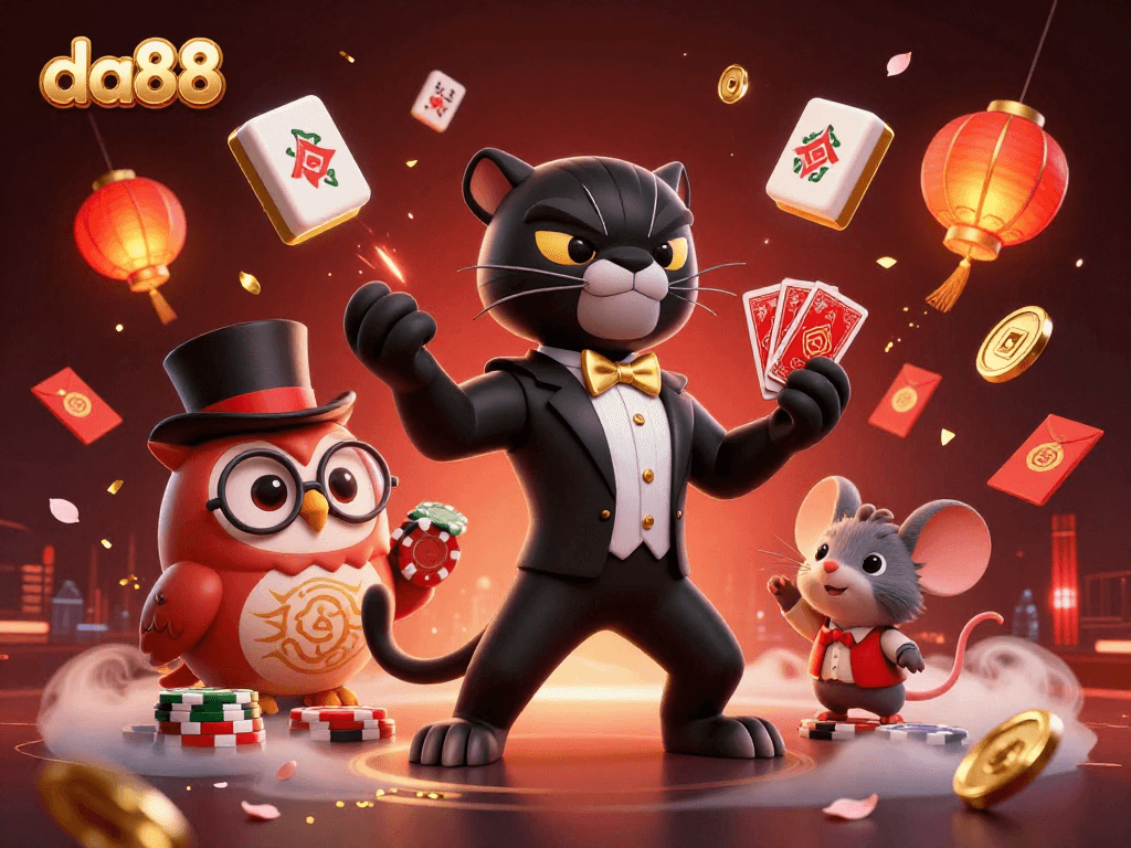 Experience excitement at da88 with a stylish panther, owl, and mouse in a vibrant casino scene.