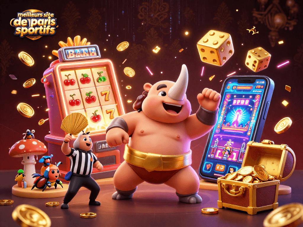 Visez les meilleurs sites de paris sportifs avec ce champignon sumo et des éléments de jeux scintillants.