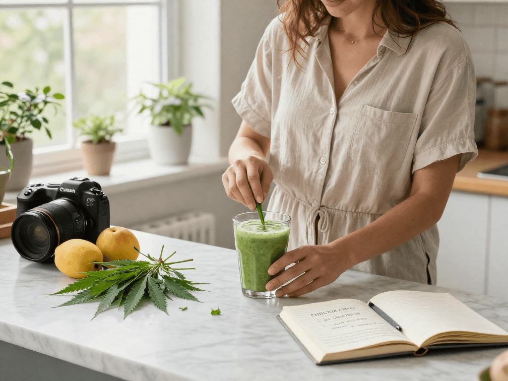 Dans une cuisine lumineuse, préparation d'un smoothie CBD, ambiance naturelle, éléments de bien-être et de santé. casino en ligne sans wager.