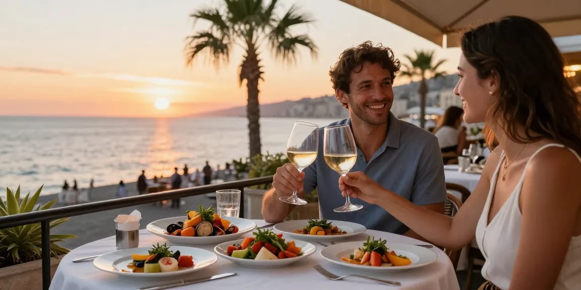 Couple célébrant avec un verre de vin tout en dégustant des plats de fruits de mer à Naples, intégrant le lavowin link.