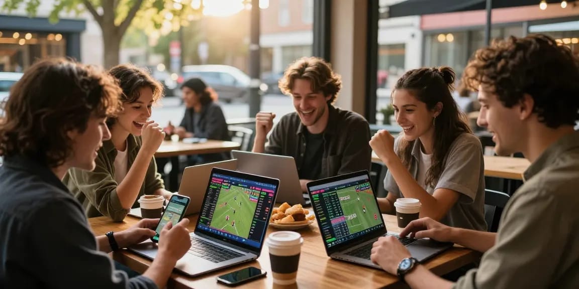 Groupe d'amis au meilleur site de paris sportif en café, célébrant les paris sportifs.