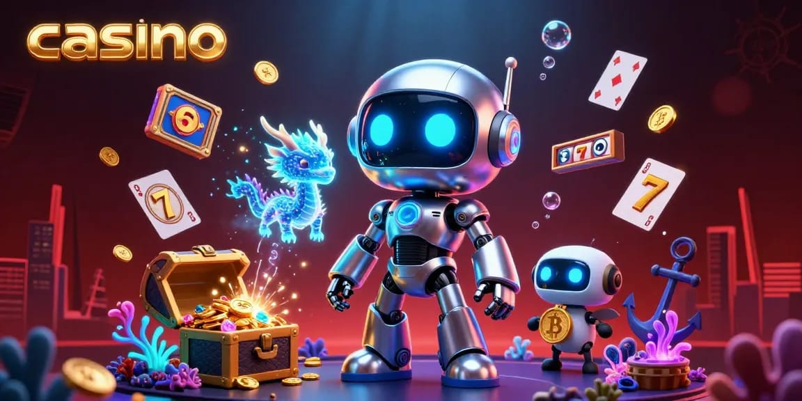 Jouer dans un casino virtuel animé avec un robot cybernétique et un dragon IA, sous les pixels dorés.