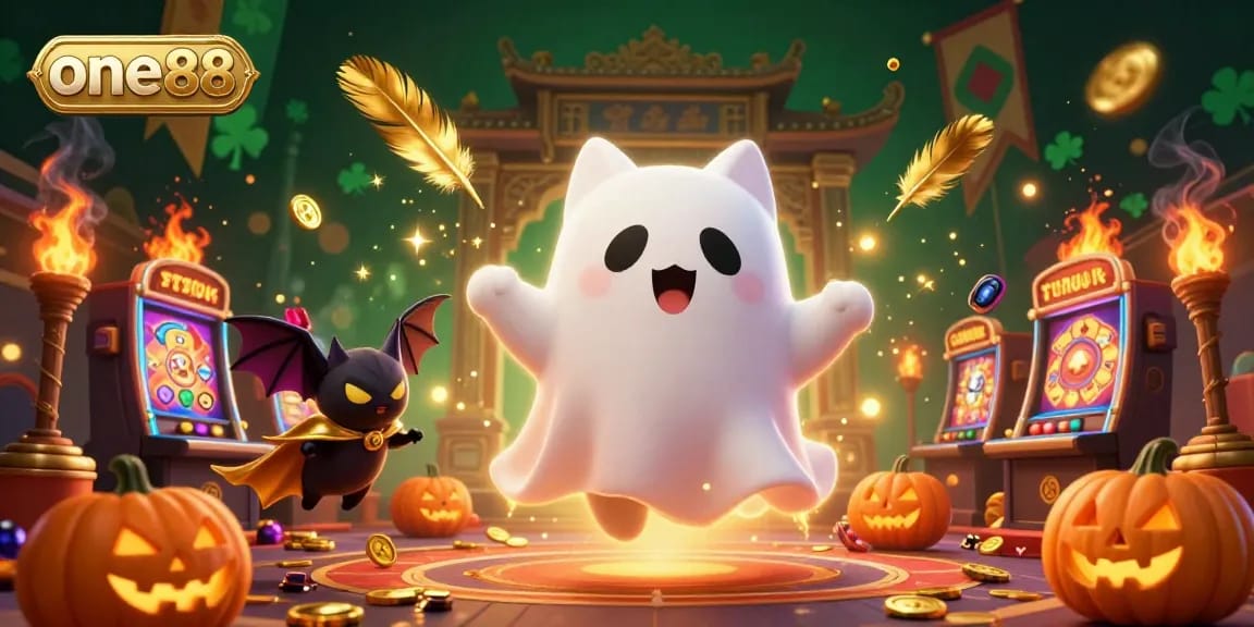 Experience thrilling casino action with one88, featuring a friendly ghost cat and glowing poker jack-o-lanterns.