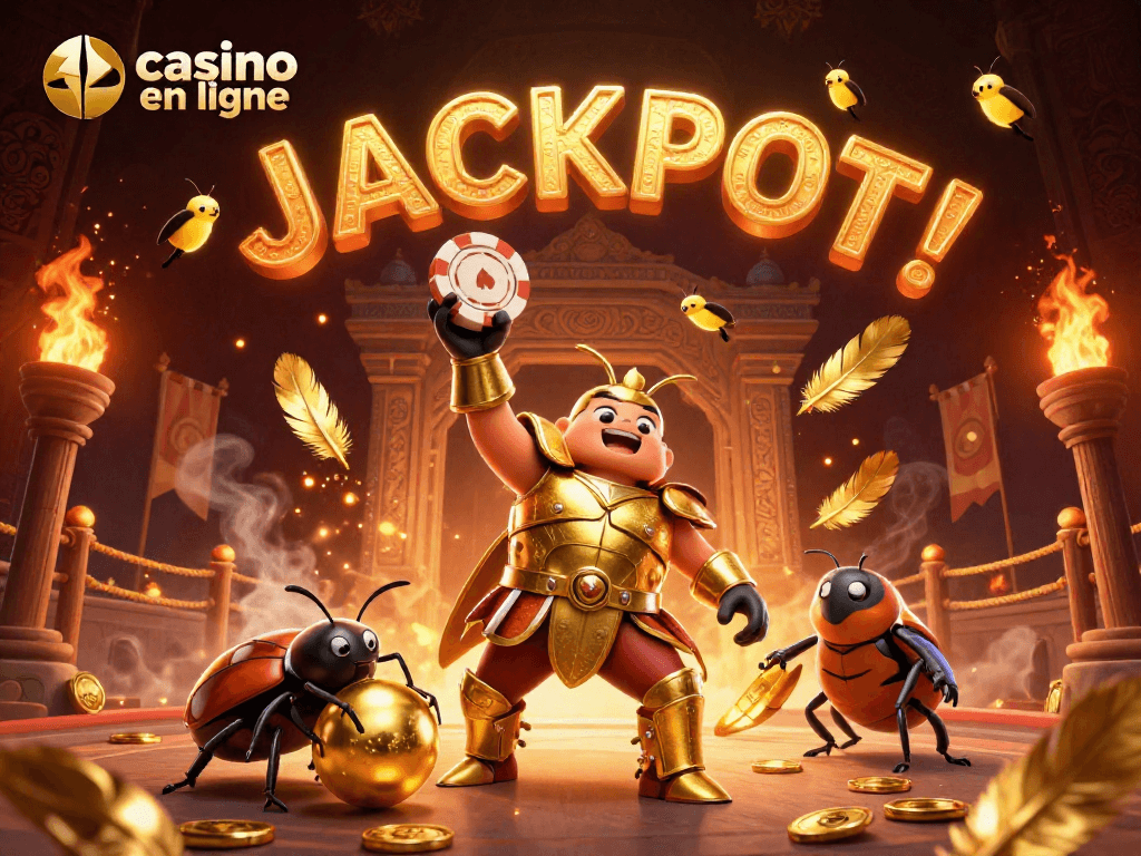 Plongez dans l'excitation du casino en ligne avec un scarabée héroïque en armure d'or et un compagnon, célébrant un jackpot avec éclat.