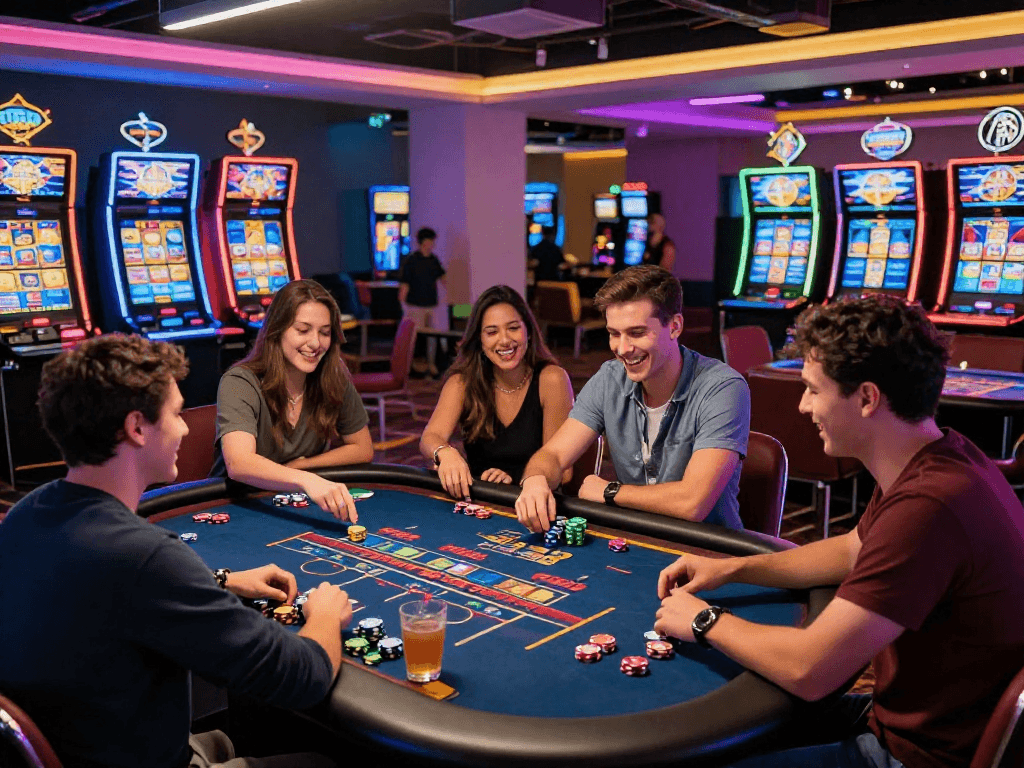 Des joueurs s'amusent sur un casino en ligne, ambiance vibrante avec des machines à sous animées.