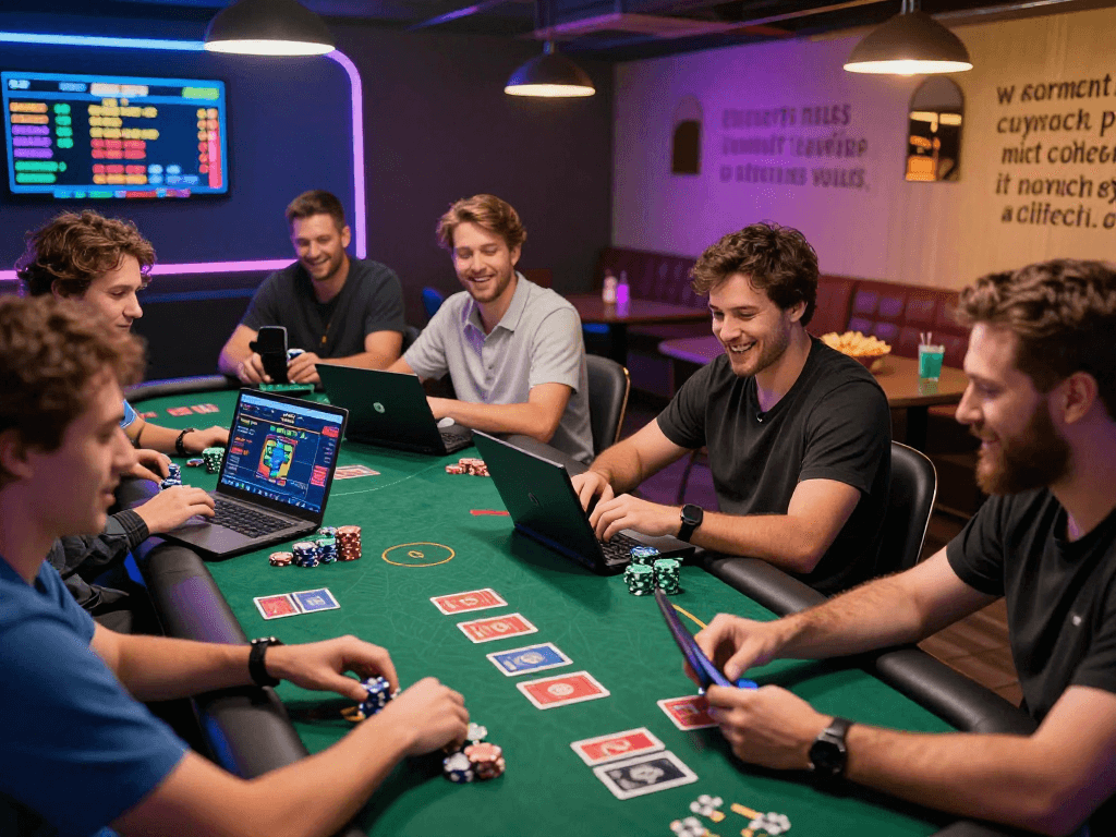 Joueurs engageant sur un casino en ligne, ambiance animée avec lumières colorées, table de jeux et expressions enthousiastes.