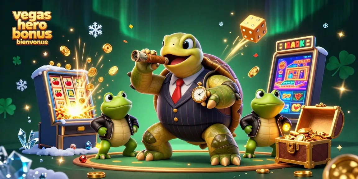 Profitez du bonus Vegas Hero bienvenue avec une illustration dynamique de casino entourée d'éléments de jeu captivants.