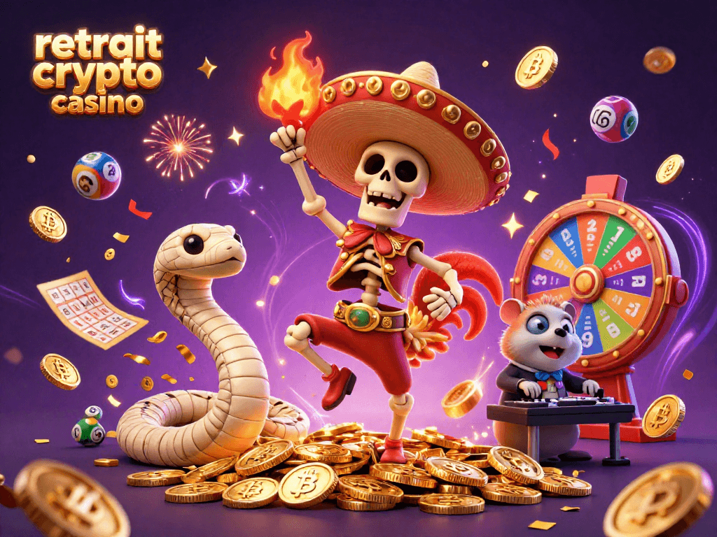 Profitez du retrait crypto casino avec des gains rapides, ambiance festive et personnages colorés dans une illustration 3D.
