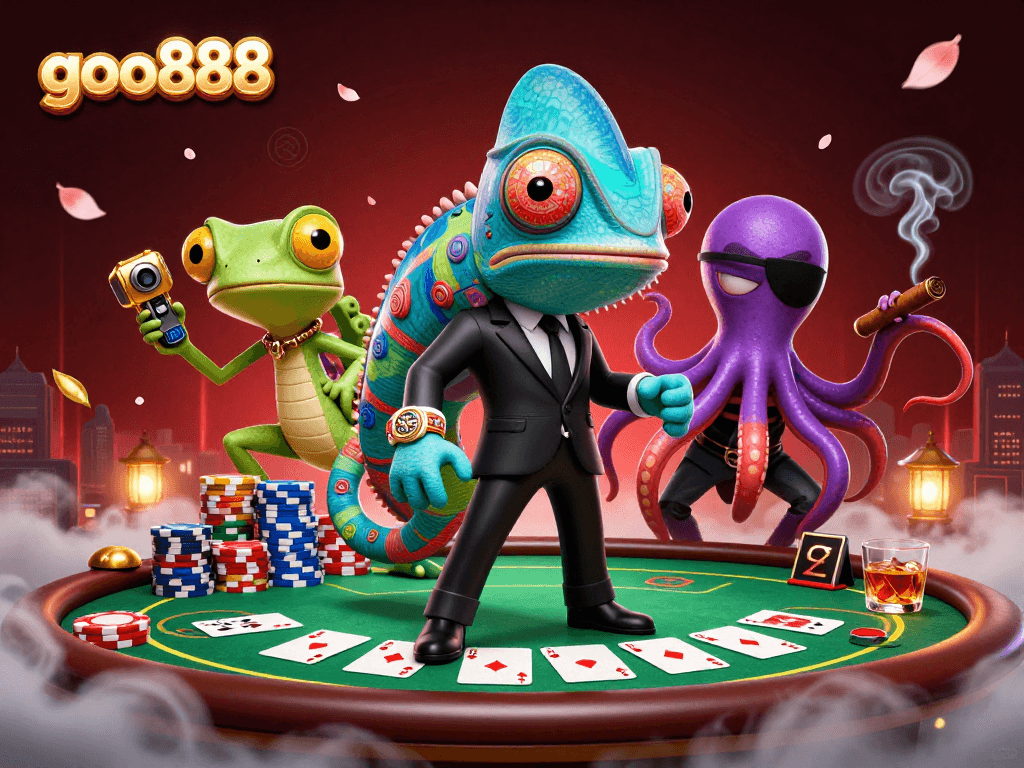 Experience the thrilling action of goo888 with colorful poker chips and dynamic game elements in an engaging 3D illustration.
