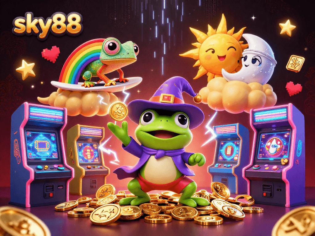 Experience thrilling action at sky88 with a wizard frog, golden coins, and vibrant casino elements.