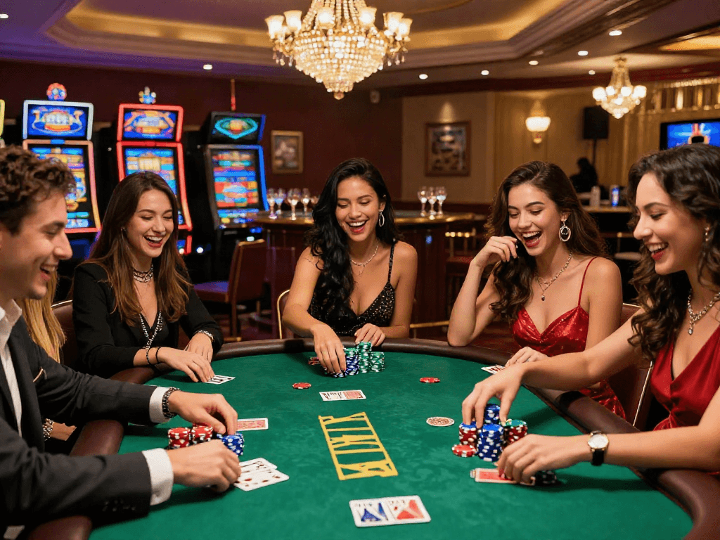 Scène animée dans un casino français en ligne avec des amis jouant au poker et profitant de l'ambiance.