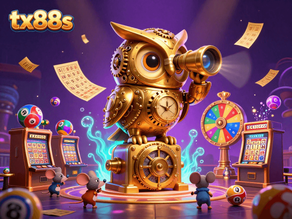 Spin the reels with tx88s in this vibrant casino scene featuring cartoon elements and dynamic games.