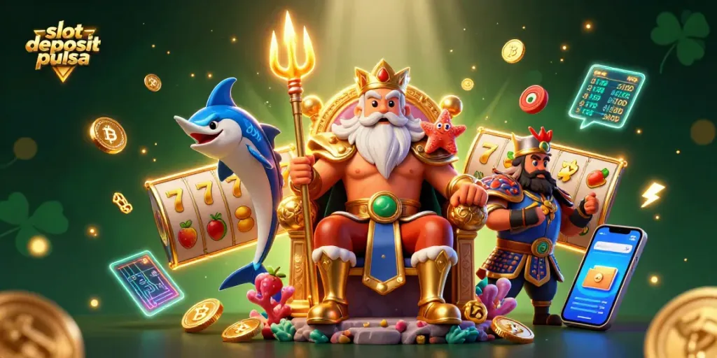 Engage with slot deposit pulsa games featuring animated Neptune and vibrant casino icons