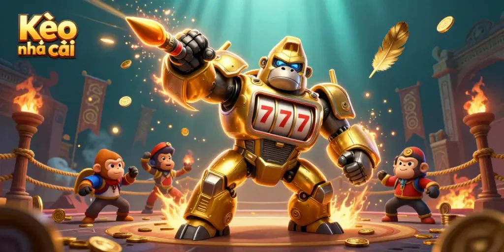 Engaging Kèo nhà cái scene featuring a golden gorilla mech and dynamic betting elements.