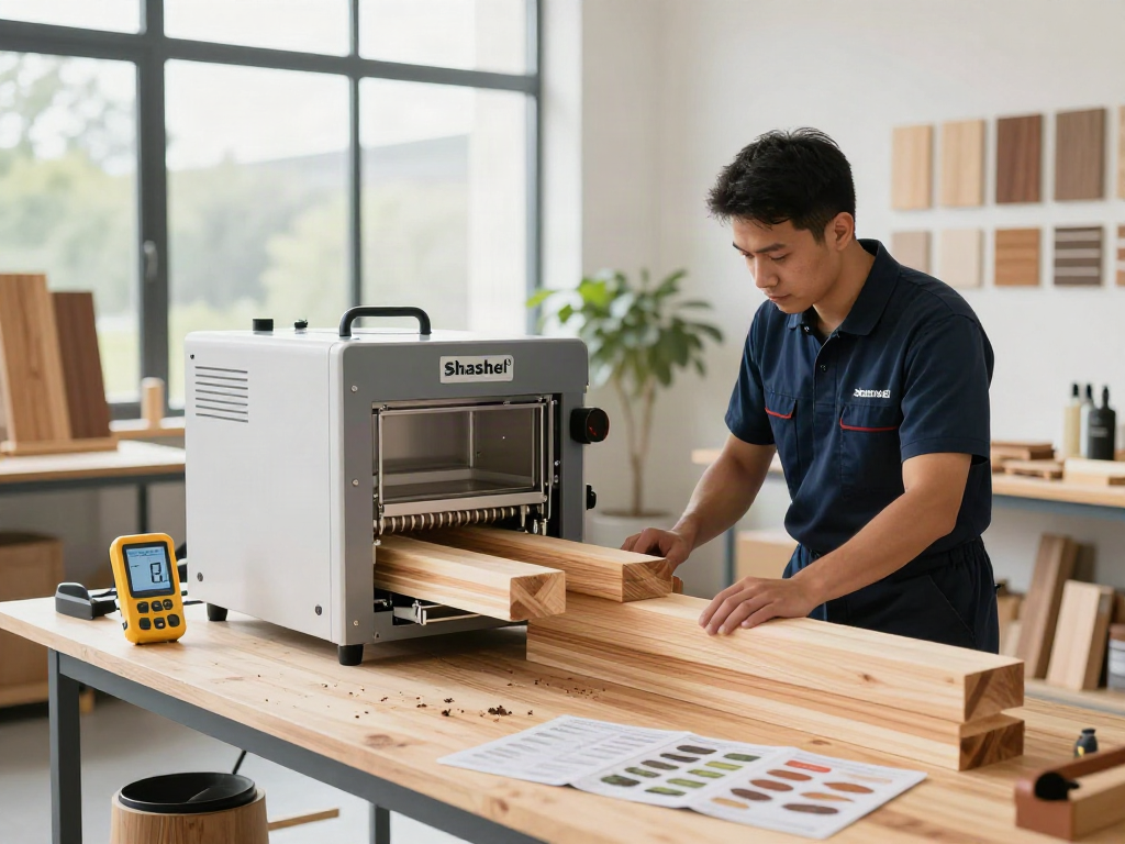 Traitement du bois avec Shashel® dans un atelier, un technicien utilise un appareil en sécurité.