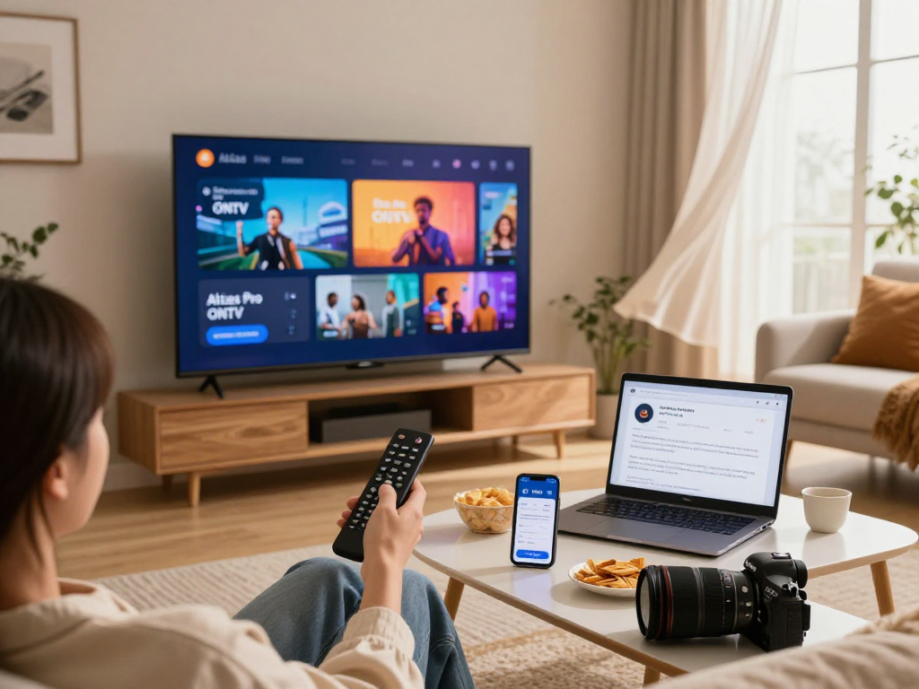 Profitez d'Atlas pro ontv dans un salon moderne avec TV HD et ambiance accueillante.