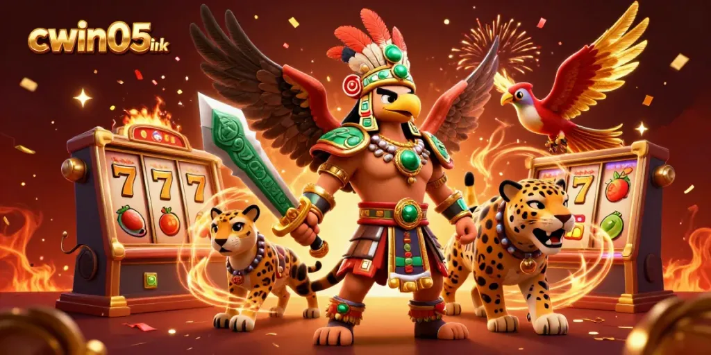 Experience thrilling slots with cwin05 ink in a vibrant Aztec-themed 3D illustration filled with rich details.