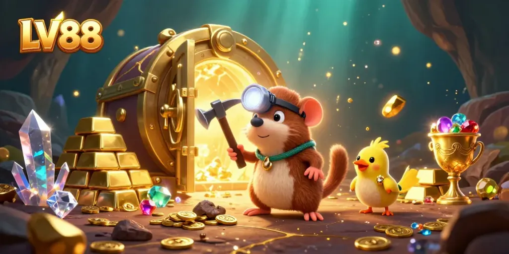 Experience the excitement of LV88 with a treasure hunter and shimmering gems in a vibrant casino-themed scene.